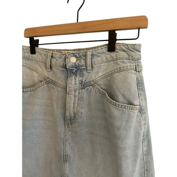 We The Free Midi Denim Jean Skirt Sz 4 Free People Light Wash Frayed 5 Pocket - Picture 2 of 8